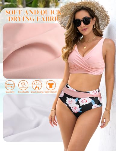 UMIPUBO Damski strój kąpielowy z wysokim stanem dwuczęściowy zestaw bikini push-up stroje kąpielowe bikini wyściełany top regulowany biustonosz plaża stroje kąpielowe, Różowy, L