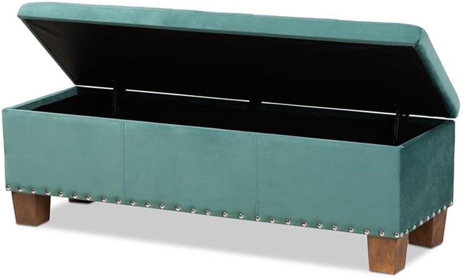 BOWERY HILL Velvet Upholstered Storage Ottoman Bench, Teal Blue, 52.17" Wide, Button Tufted Foam Seat, Walnut Finish Legs, Lift-Top Hidden Storage, Living Room or Bedroom Accent Furniture