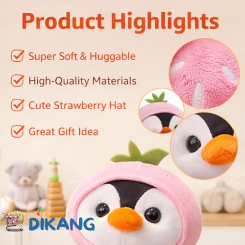 Image of DIKANG Penguin with Cap Soft Toys for Girls and Boys | Pink Strawberry Cap Penguin Plushie Stuffed Animal Toys | Soft Toy for Kids | Gifts for Woman, Amazing Birthday Gift for Kids - 25 cm