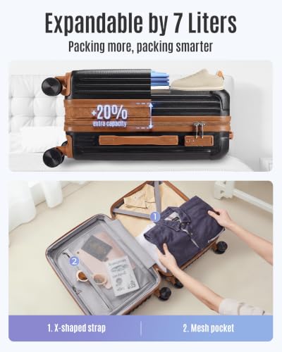 Image of LIGHT FLIGHT Carry On Luggage 22x14x9 Airline Approved, Black and Brown | Airline Approved, Hard Shell with Wheels, Expandable Hardside, Lightweight, TSA Lock