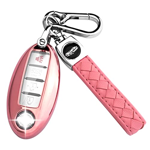 XIYANG TRADE for Nissan Key Fob Cover with Keychain,Soft TPU Key Case Shell Full Protection for Altima Rogue Maxima Sentra Infiniti Armada Sedan Murano Pathfinder Frontier 3 4 5 Button Holder (Pink)