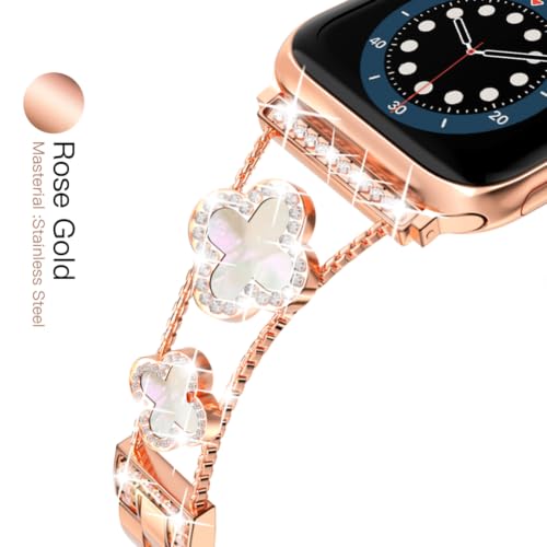 Image of Musk-MSKR Diamond Metal Bands Add Sparkle to Your Watch For Apple Watch Series 11 /10 /9 /8 /7 /6 /5 /4 /3 /2 /SE /Ultra Clover Simple and Stylish Compatible with 38mm40mm41mm42mm44mm45mm 46mm49mm Women's Wear