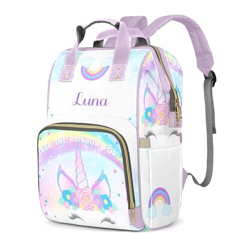 Rainbow Unicorn Purple Diaper Bags with Name Waterproof Mummy Backpack Nappy Nursing Baby Bags Gifts Tote Bag for Women