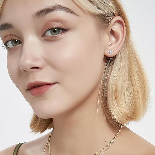 4 Pairs White Gold Star Stud Earrings for Women Hypoallergenic Silver Celestial Sun and Moon Crescent Earrings Set for Sensitive Ears - Image 2