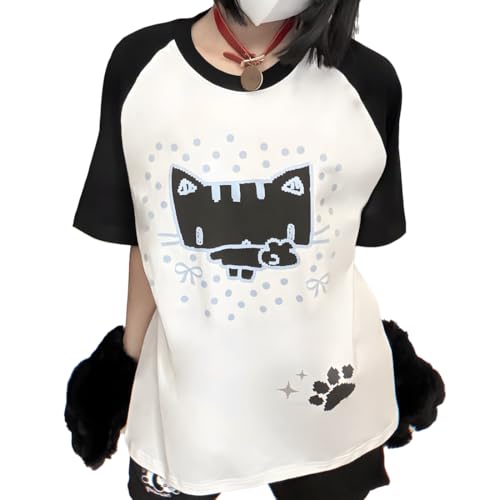 T-shirt Y2K gothique manches courtes raglan crewneck motif pixel kitty ample