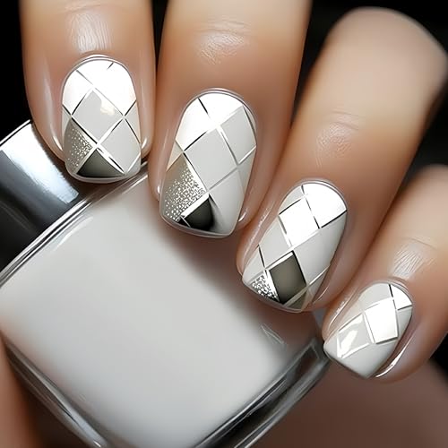 SHIQIXIANNV Gray and White Plaid Press on Nails Short Square Fake Nails Lined Plaid False Nail Design Full Cover Glitter Plaids Glossy Acrylic Nails for Women and Girls DIY Manicure Decoration 24Pcs