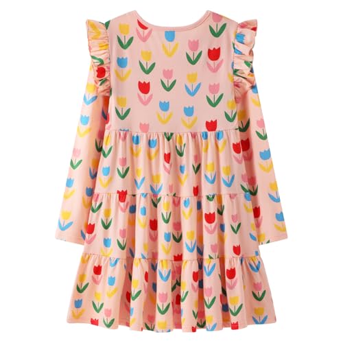 Image of Girl Long Sleeve Dress Ruffle Rainbow Color Block Cotton Casual Tiered Pleated Twirly Dress