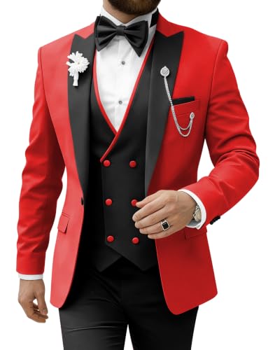 TUXBURNTXZ Mens Wedding Suits 3 Piece Red and Black Tuxedo Suit for Men Slim Fit S