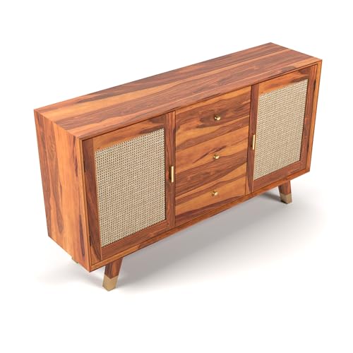 Image of Solid Sheesham Wood Wooden Sideboard Storage Cabinet : Ideal for Living Room and Bedroom with 3 Drawers and 4-Shelf Storage (Iriana, Honey Finish)