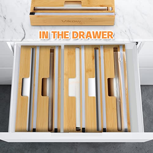 Vikow 3 In 1 Wrap Dispenser With Slide Cutter And Labels, Aluminum Foil, Plastic Wrap, Parchment And Wax Paper Dispenser For Kitchen Drawer, Bamboo Roll Organizer Holder, Compatible With 12" Roll #TOP5