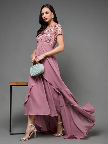 Image of Miss Chase Women's Round Neck Sleeve Embellished Fit Flare Maxi Dress