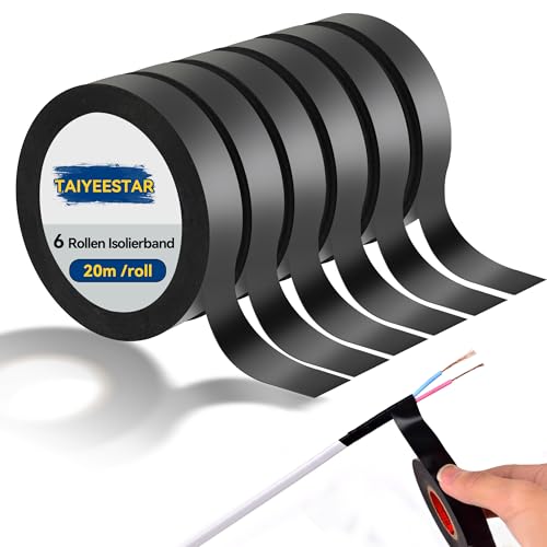 Taiyeestar 6 Rollen Isolierband à 20 m, Isolierband Schwarz Wasserdicht, Electrical Tape zum Schutz, Bündeln und Reparieren von Kabeln, 15mm x 20 m