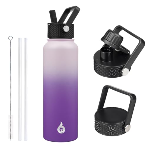 Image of BJPKPK Insulated Water Bottles with Straw Lid, 40oz Cold & Hot Thermo, Stainless Steel Metal Water Bottle with 3 Lids, Reusable Thermo, Cups, Mugs, Tumblers -Violet