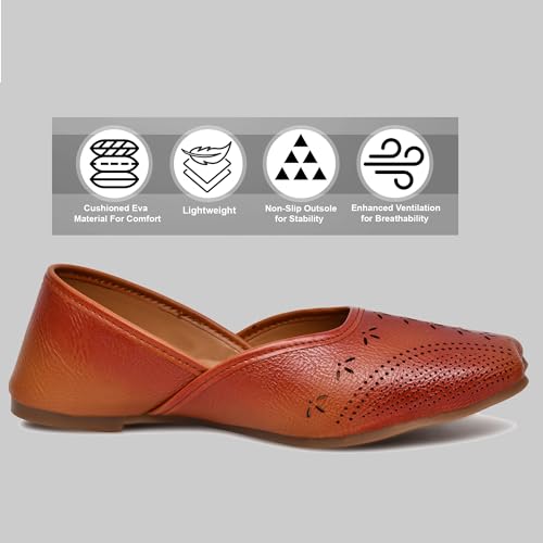 Image of Duosoft Women's Leather Ballet Flats, Black Perforated Design, Comfort Cushioned Insole, Slip-On Style Bellies Dw-201-Tan