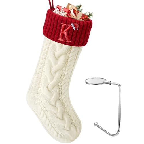 LHMTQVK Large Christmas Stocking with Initials, Embroidered Knit Christmas Stocking with Hook, Custom Christmas Stockings, Xmas Stockings for Family Fireplace Holiday Party Gift