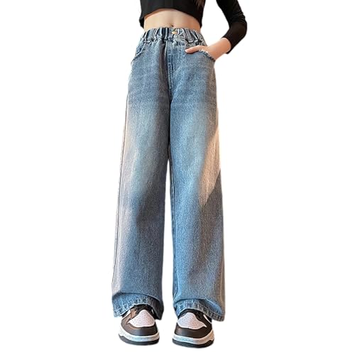 Girls Jeans Y2K Baggy Casual Wide Leg High Waist Elastic Denim Pants with Pockets Streetwear Outfits for Kids 6-15Y