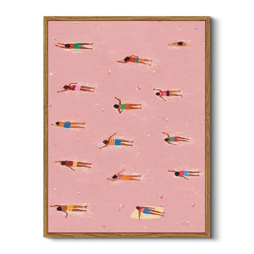 HUARCEY Pink Aesthetic Wall Art Framed Canvas 12"x16", Minimal Swimming Pool Swimmers Painting, Colorful Summer Vibe Beach Artwork Print, Modern Bedroom Bathroom Trendy Wall Decor
