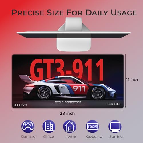 Image of BESTOR Extended Mouse Pad 23x11 Inch, GT3 R-911 RENNSPORT Racing Car Design Desk Mat, Anti-Slip Rubber Base, Smooth Surface for Gaming, Office & Keyboard