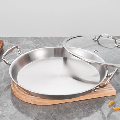LOLYKITCH 13 Inch Tri-ply Stainless Steel Paella Pan with Lid,Griddle,Large Skillet,Omelet,Jumbo Cooker,Heavy Duty Dishwasher and Oven Safe. - Thumbnail 7