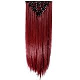 LHFLIVE Womens 18 Clips 8pcs Full Head Hair Extensions 26 Inch Long Straight Rose Red Hairpiece