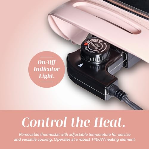 COOK WITH COLOR Electric Skillet - 12\" x 12\" Ceramic Nonstick Pan, PFAS-Free, 1400W, Tempered Glass Lid, Variable Temperature, Removable Heating Probe, Cool-Touch Handles, Blush
