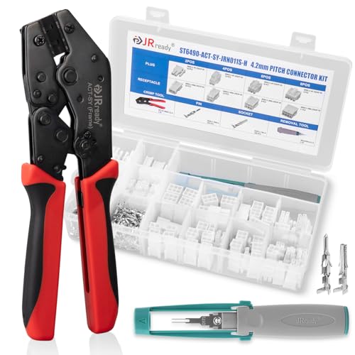 Image of JRready ST6490-ACT Mini-Fit Jr. 2 4 6 8 Pin Connector kit, w /PremiumGrade Crimp Tool, Terminal Pin 18-24 AWG, Molex Extraction Tool, Compatible with Molex Mini-Fit Jr. Connector, 4.2mm Pitch, 446 Pcs