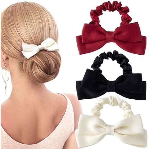 CustomyLife 3pcs Silk Bow Scrunchies Black Red White Bowknot Hair Ties Ropes Elastic Bands Ponytail Holder Wedding Bachelorette Party Halloween Christmas Accessories for Thick Long Hair Women Teen Cover
