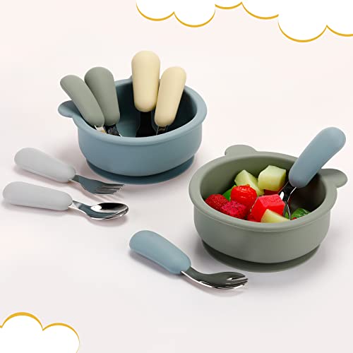 Tanlade 8 Pcs Baby Fork And Spoon Toddler Utensils, Silicone Stainless Steel Toddler Forks Toddler Spoons Self Feeding Toddler Silverware Set For Infant Third Stage Training Eating, Dishwasher Safe #TOP6