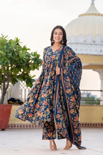 Image of MEERA FAB Women's Cotton Blend V-Neck Anarkali Printed Kurta with Palazzo & Dupatta