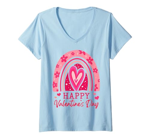 Mujer Happy Valentine's Day Cute Heart Love Rainbow Couples Family Camiseta Cuello V