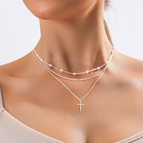 Image of Zeffy Gold Pearl Necklace for Women, Dainty 14K Gold /Silve Plated Layered Pearl Choker Pearl Earrings Pearl Bracelets Wedding Trendy Gold Jewelry Set for Women Gifts