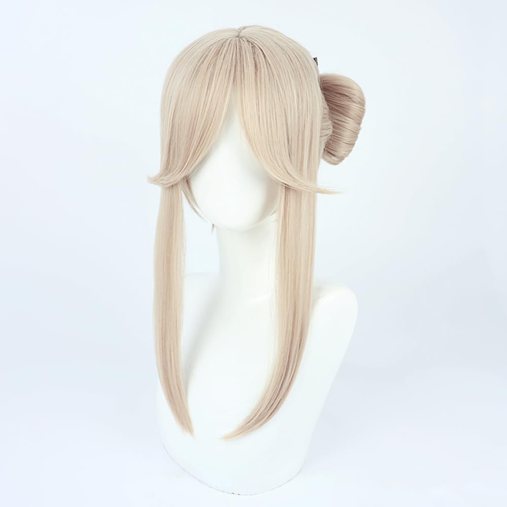 Beige Short Hair Wig Center Parted French Bangs Clip Bow Wig Micro Curly Wig cos anime show simulation wig 40cm 15inch (Ningguang)