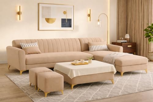 Image of Adorn India Premium Luster 8 Seater L Shape Sofa Set with 2 Puffy & 1 Center Table | Velvet Suede Fabric | 3-Year Warranty | RHS | Beige with Golden Legs & Striped Pattern Cushion
