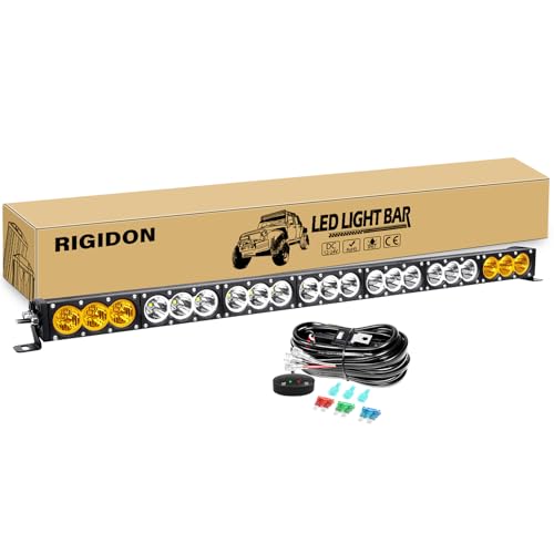 RIGIDON 38 インチ 210W 単列 LED ライトバー、ワイヤーハーネス付き、ホワイトアンバースポットフラッドコンボ 21000LM オフロードライト ドライビングボート LED フォグ作業灯、トラック、ATV、UTV、SUV、車用