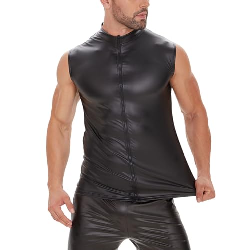 Image of Men Soft Leather Tank Top, Shiny Matte Leather, Elastic, Full Zipper Leather Vest