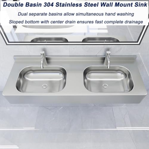 Lavabo comercial de doble cubeta con canal rectangular flotante para pared 4