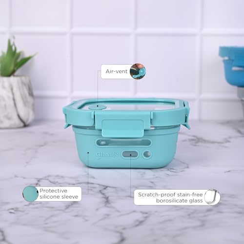 Image of GLASAFE Borosilicate Glass Lunch Box for Office w /t Air-Tight lid & Protective Silicone Sleeve | Tiffin Box for Men & Woman | Microwave & Dishwasher Safe | Leakproof Design | Set of 1-520ml,Green