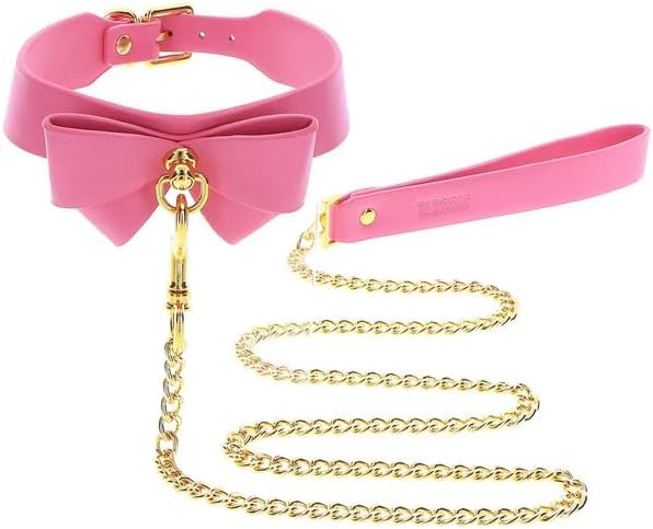 Taboom Malibu Collar and Leash Set – Pink Vegan Leather BDSM Collar with Detachable Leash, Gold Metal Details & Bow Design, Adjustable Fetish Neck Harness for Roleplay & Couples
