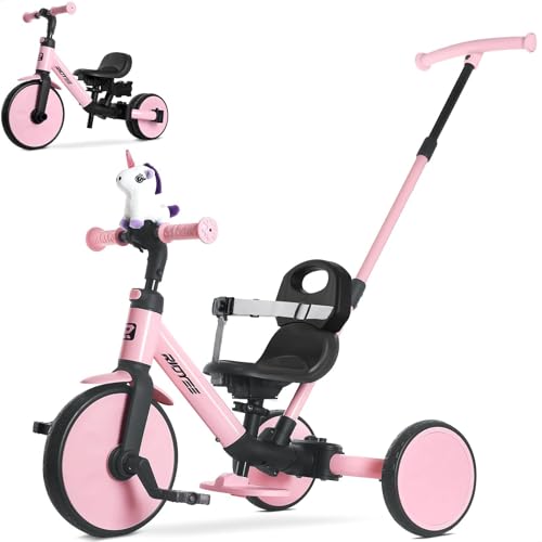 RIDYEE 5-in-1 Toddler Tricycle for Ages 1.5–5, Parent Steering Push Trike, Tool-Free Convertible to Balance Bike, Safety Belt, Removable Backrest and Footrest, Ride-On Toy for Boys & Girls, Pink