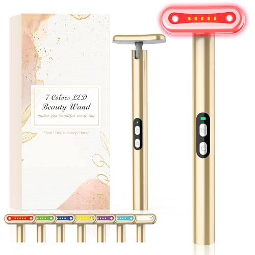 Fxtiaa Red-Light-Therapy-Wand-for-Face, 7 Colors LED Light Therapy Wand Eye Facial Red & Blue Rejuvenation Tool, Face Massager, Golden