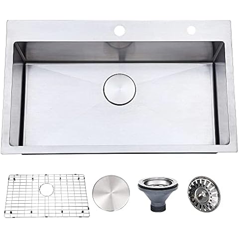 VESLA HOME 30"x18" Inch 18 Gauge Topmount Single Bowl Stainless Steel Drop in Kitchen Sink,Overmount Handmade Brushed Nickel RV Kitchen Sinks with Dish Grid and Drain Cap Cover