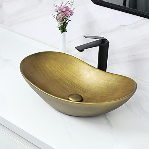 Davivy 24.5'' X 13.8'' Gold Oval Vessel Sink with Pop Up Drain,Boat Shape Bathroom Vessel Sink,Bathroom Sinks Above Counter,Ceramic Vessel Sink,Counter top Sink,Oval Sink Bowls for Bathroom