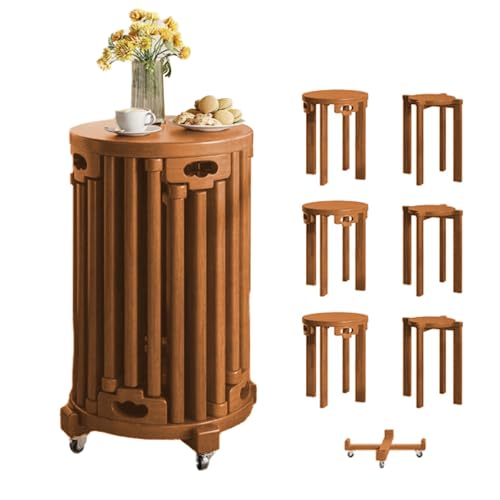 Genérico Juego De 6 Taburetes Apilables Redondos De Madera, Mesas Auxiliares Apilables, Taburetes Versátiles con Ruedas, Taburetes De Bar para Sala De Estar Dormitorio Cocina(Wood)