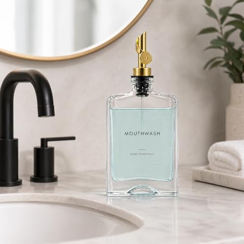 Image of Mouthwash Dispenser for Bathroom - Square Glass Mouth Wash Dispenser, Gold Weighted Pour Spout, Funnel & 4 Labels - 375 ml / 12.68 oz | Includes Gold Weighted Pour Spout, Funnel, 4 Labels