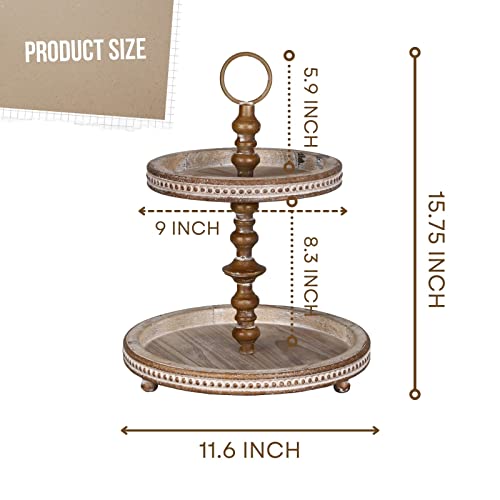 Festwind Two Tiered Tray Beaded- Decorative Beaded Kitchen Island Decor - Small Wooden Tiered Tray Stand For Holidays - Lovely Farmhouse Gift Rustic Brown #TOP4