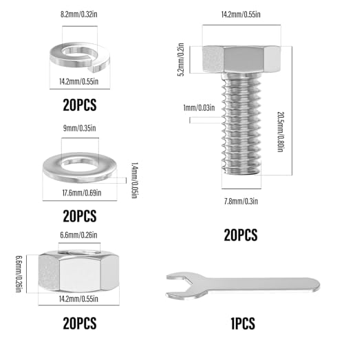 Image of 20PCS 5 /16-18 x 5 /8 inch 304 Stainless Steel External Hex Bolt, Fully Threaded Bolt with Nut Flat & Lock Washers and Spanner