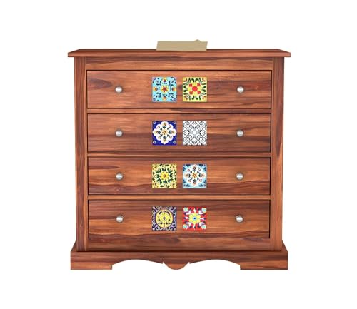 Image of Solid Sheesham Wooden Sideboard Cabinet with 4 Drawer - Chest of Drawers Wooden Drawer Storage Cabinet for Bedroom Living Room Storage Furniture (Scott)
