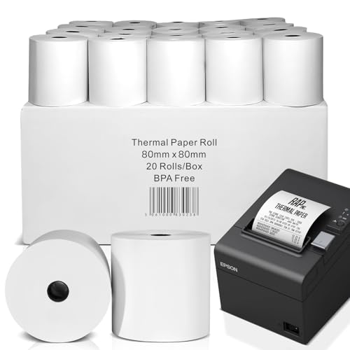 80x80mm Thermal Paper Rolls – Premium BPA-Free Receipts, 20 Rolls Case Pack Till Rolls Set, Long-Lasting POS Printer Paper, Compatible with POS Thermal Printers, Pack of 20 Rolls Case.