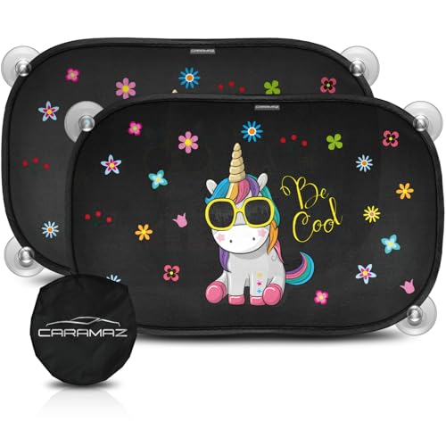 CARAMAZ Sonnenschutz Auto Baby mit zertifiziertem UV Schutz, universell passend 48 x 30 cm, 2 Stück Sonnenblende, mit Saugnäpfen, Motiv: Einhorn
