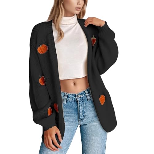 Cardigan for Women Halloween Pumpkin Sweater Open Front Knit Coat